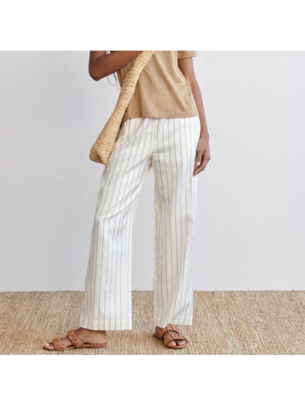 Jenni Kayne Pants Bianca Striped Wide Leg Satin Pull On Ivory Tan Honey Sz XS